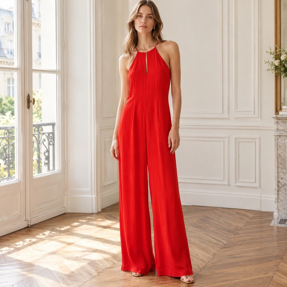 J. Crew Collection 100% Silk Wide Leg Jumpsuit 0 Red Festive Holiday Event Party